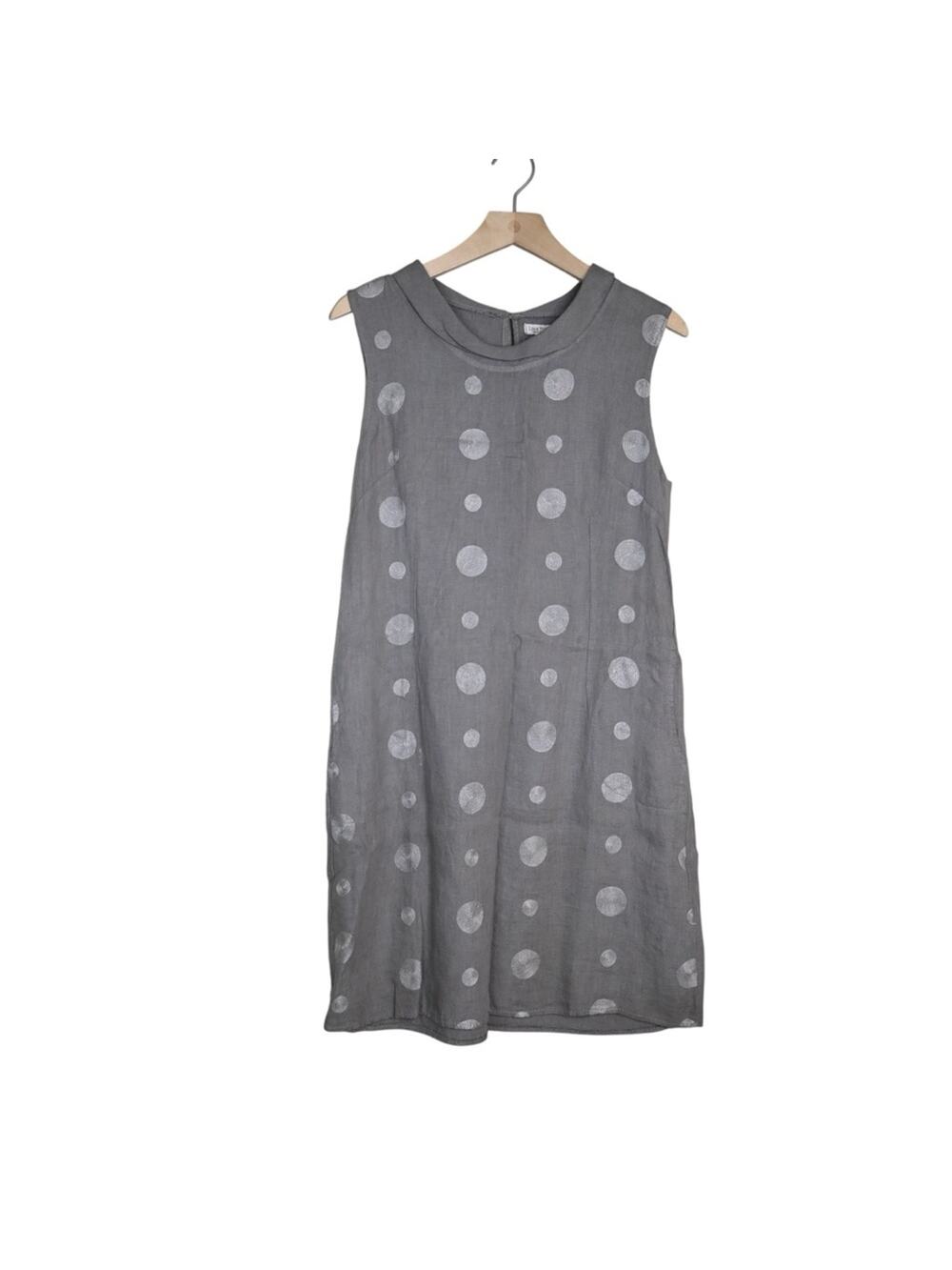 Lina Tomei Italy Women's S 100% Linen Taupe Gray Polka Dot Dress